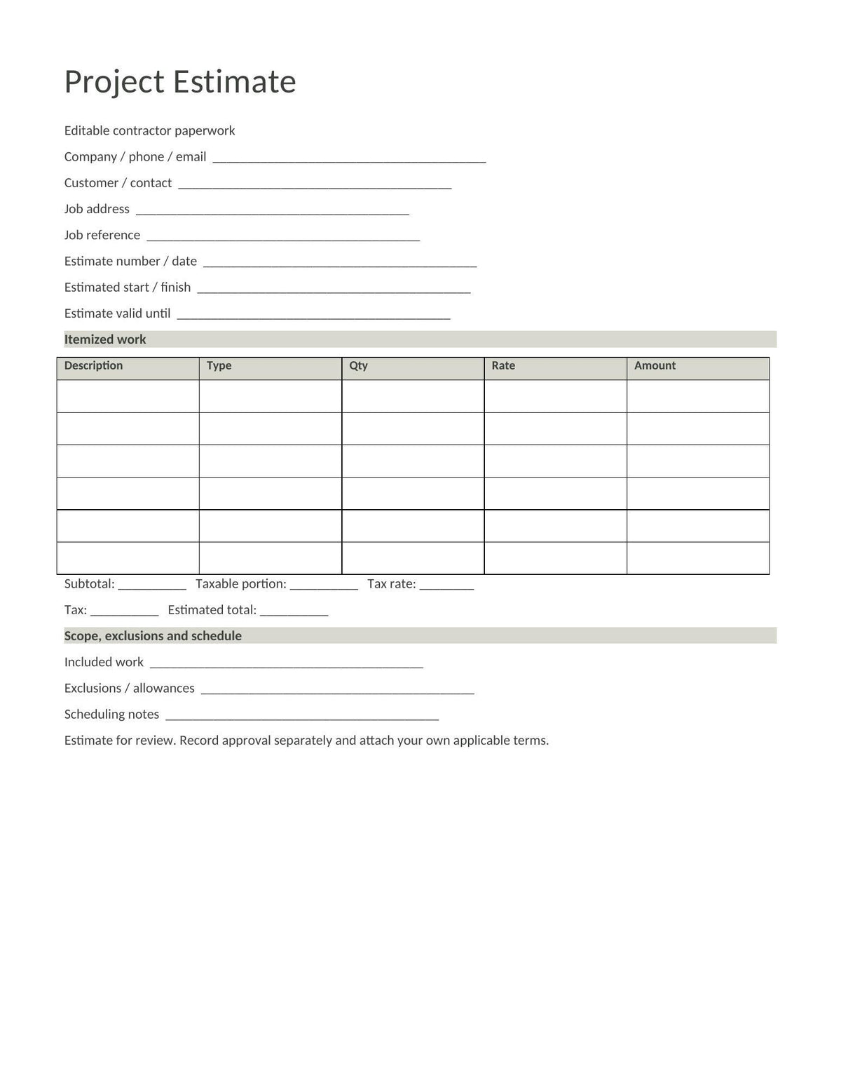 Blank Project Estimate form with itemized work table, totals, scope, exclusions, and schedule fields.