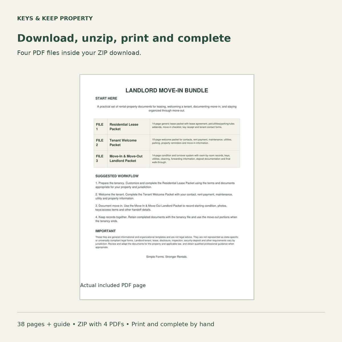 Landlord Move-In Bundle Start Here guide showing three packet summaries and suggested workflow.