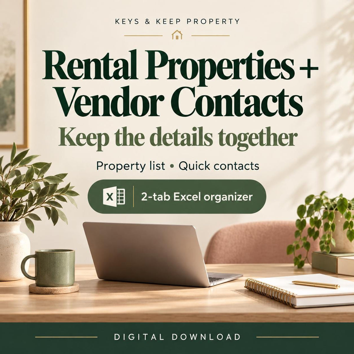 Rental Property Organizer | Excel + Google Sheets Property List and Vendor Contact Spreadsheet