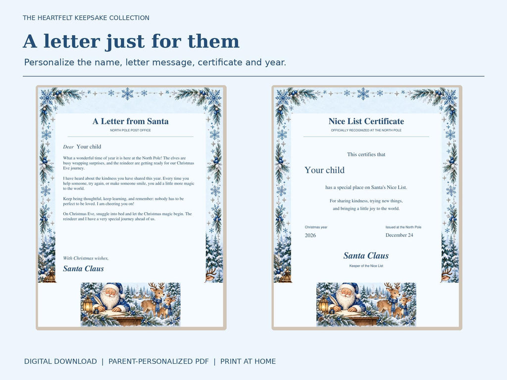 Santa letter and Nice List Certificate with blue snowflake borders and Santa writing beside two reindeer.