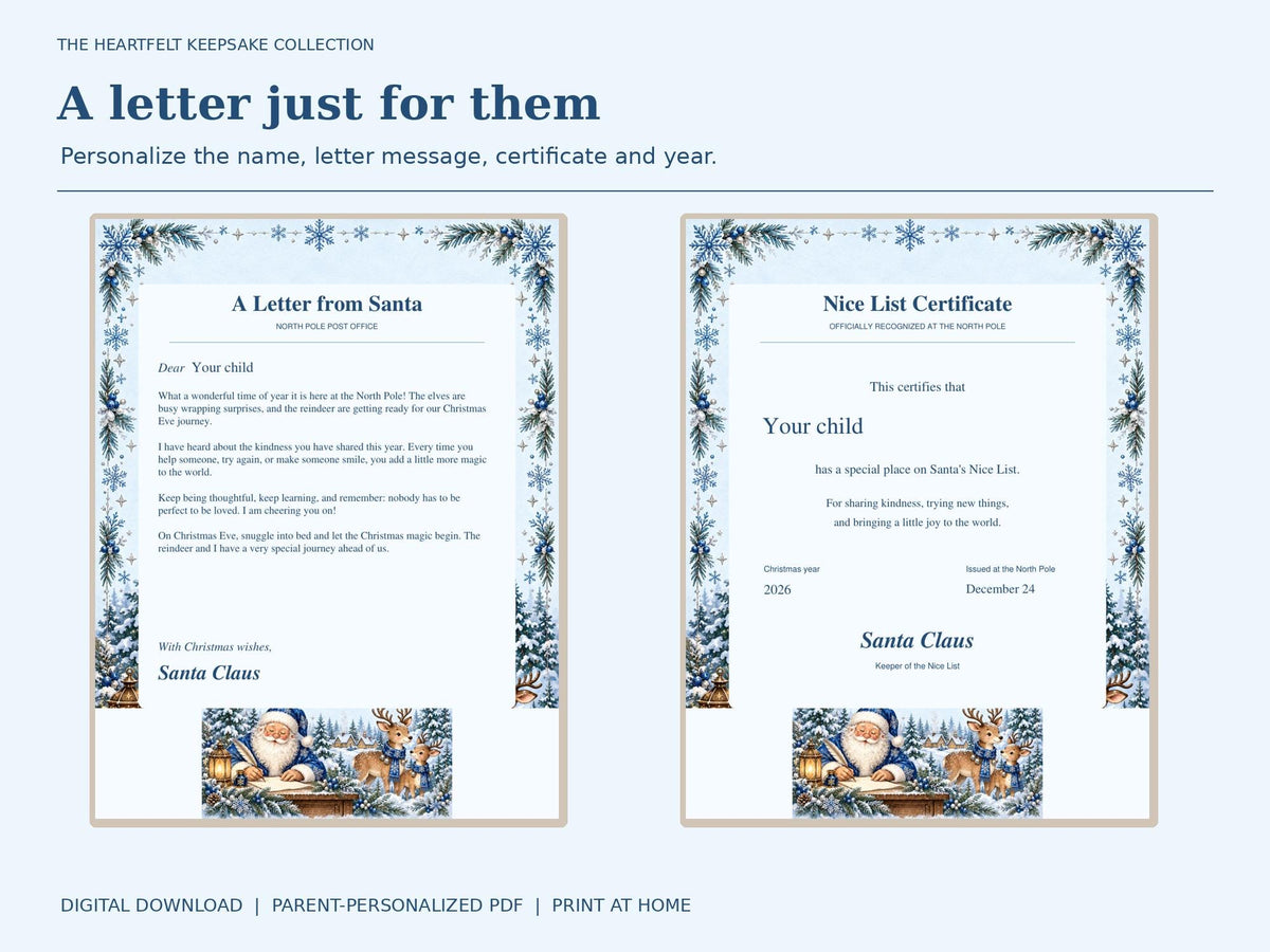 Letter from Santa Printable Kit | Editable PDF, Nice List and Certificate + Christmas Morning Extras | Blue Snowflake