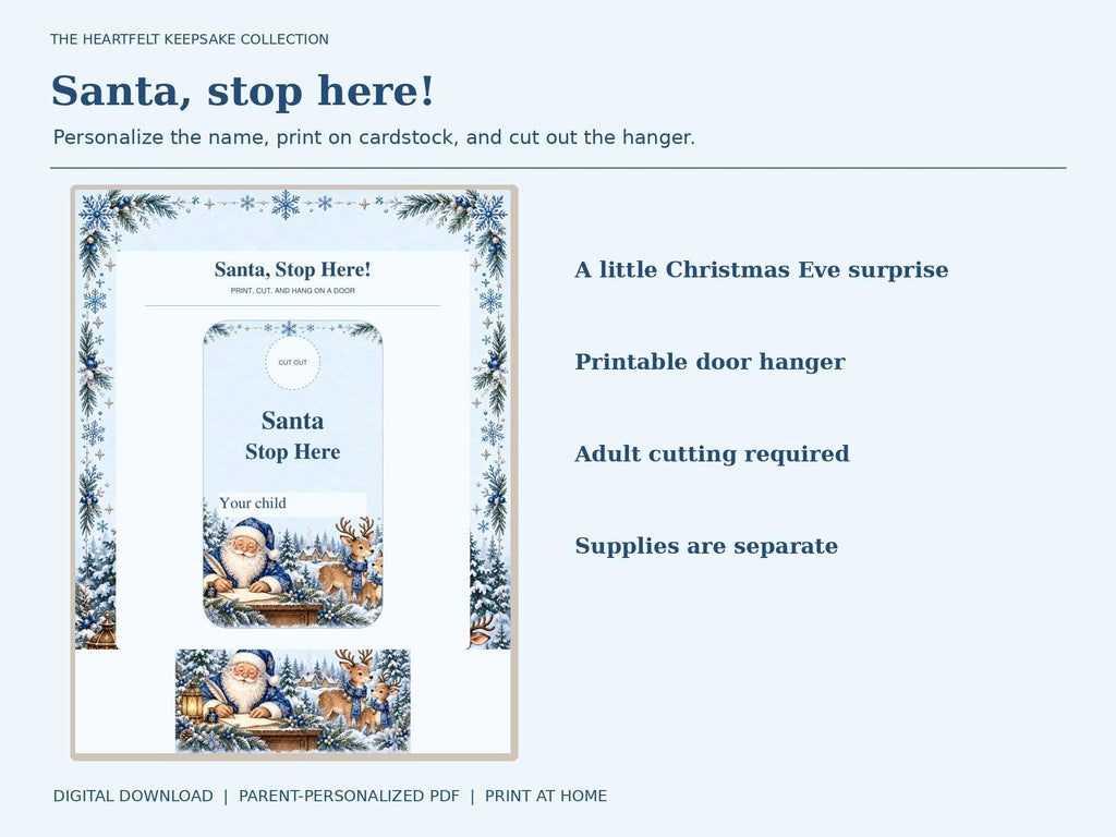 Santa Stop Here door hanger with blue snowflakes and Santa and reindeer artwork beside cutting instructions.