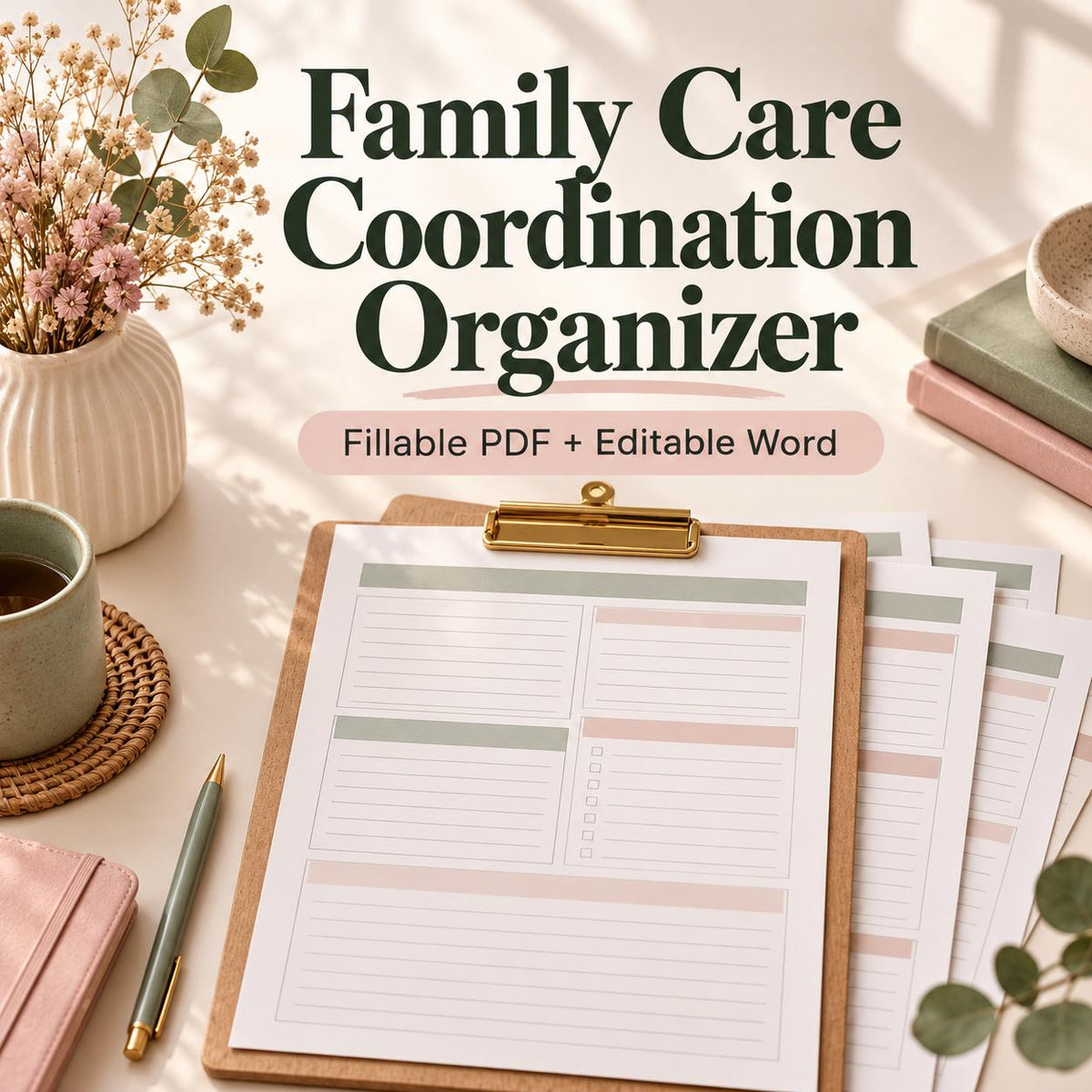 Family Care Coordination Organizer | 8-Page Caregiver Planner, Fillable PDF and Editable Word