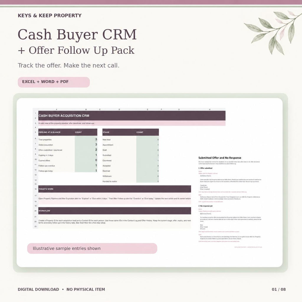 Real Estate Investor CRM | Excel + Google Sheets | Seller Lead and Cash Offer Follow-Up Tracker
