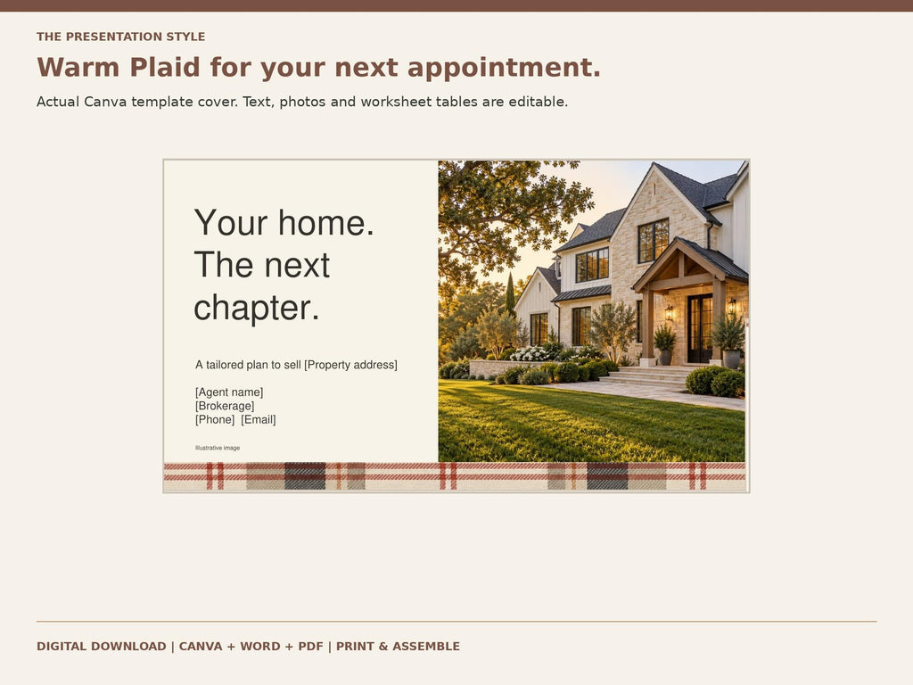 Warm plaid listing presentation cover with a house photo and Your home. The next chapter. text.