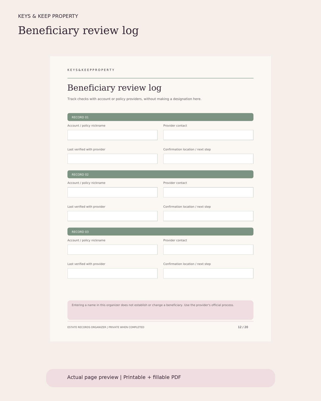 Estate Planning Records Organizer | 20-Page Fillable PDF Binder, Important Documents, Accounts & Family Contacts