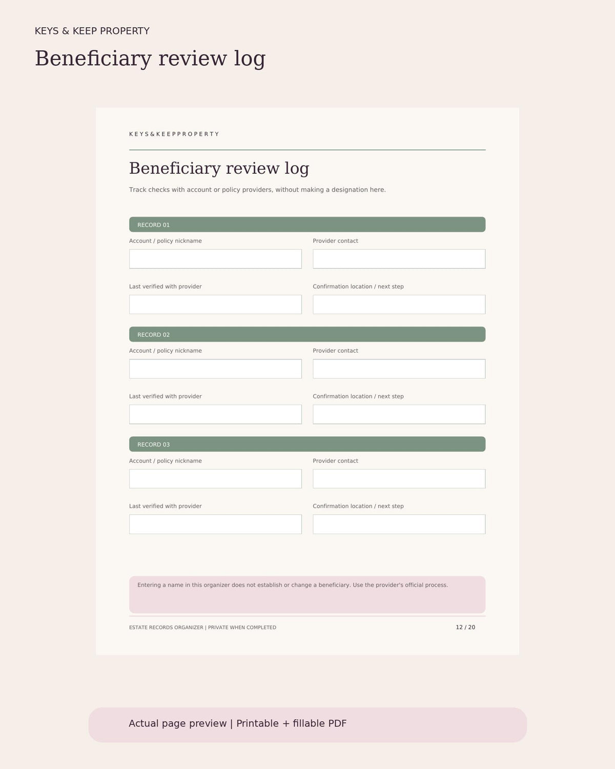 Estate Planning Records Organizer | 20-Page Fillable PDF Binder, Important Documents, Accounts & Family Contacts