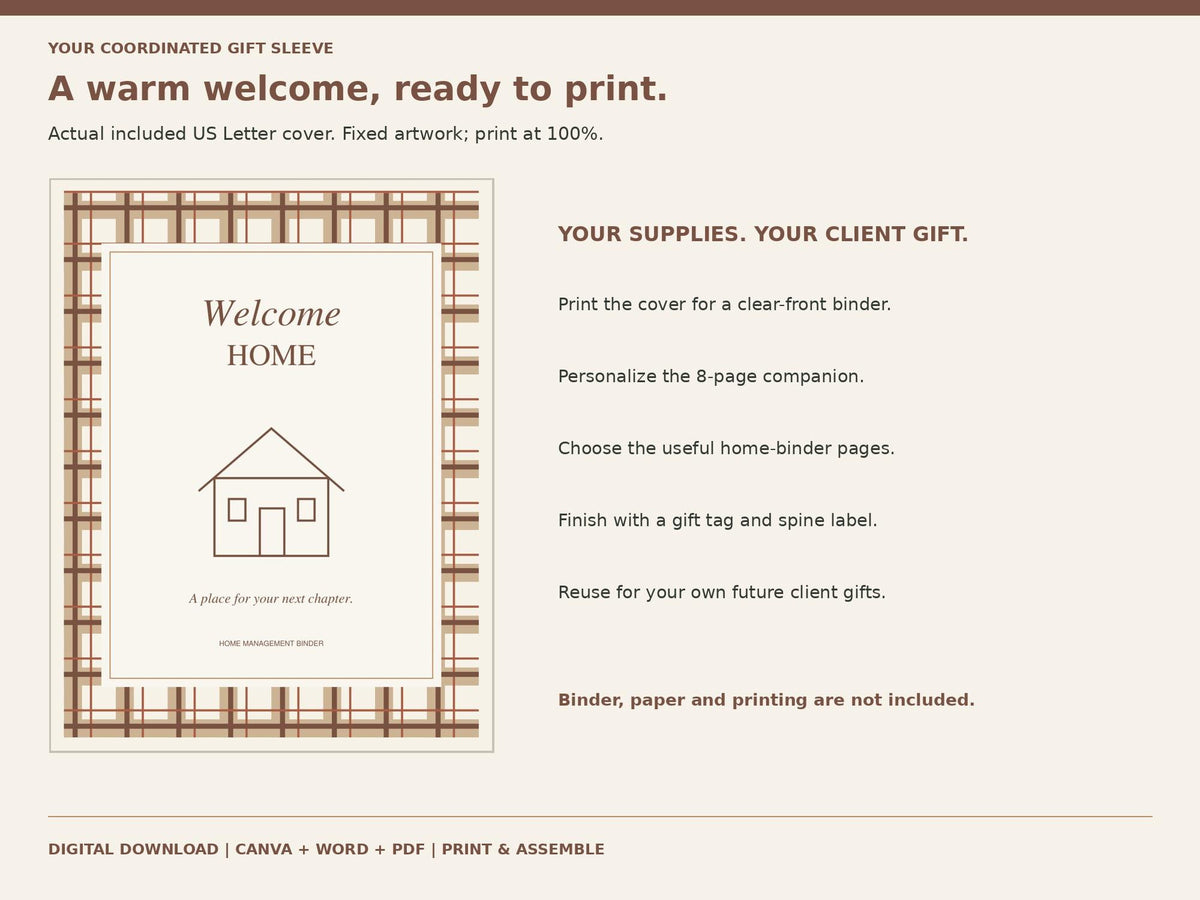 Real Estate Listing Presentation and Closing Gift Bundle | Warm Plaid Canva Template + Printable Home Binder
