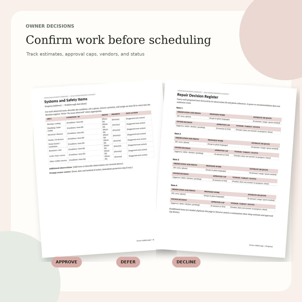 Property Owner Walkthrough Kit | Condition Checklist and Repair Approval Log | Fillable PDF + Editable Word
