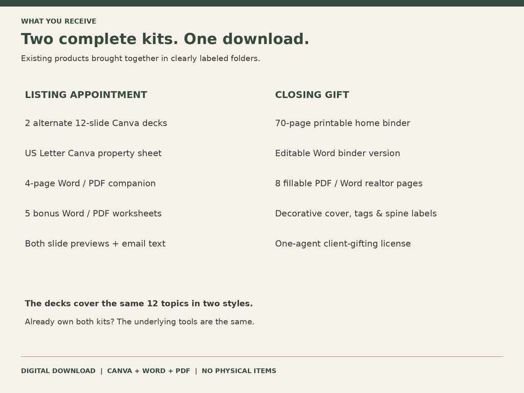 Two-column list of listing appointment and closing gift files in the Boutique and Navy real estate bundle.