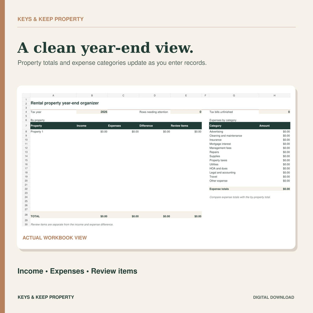 Rental Property Tax Organizer | Excel + Google Sheets Tracker for Expenses, Escrow & Tax Bill Increases