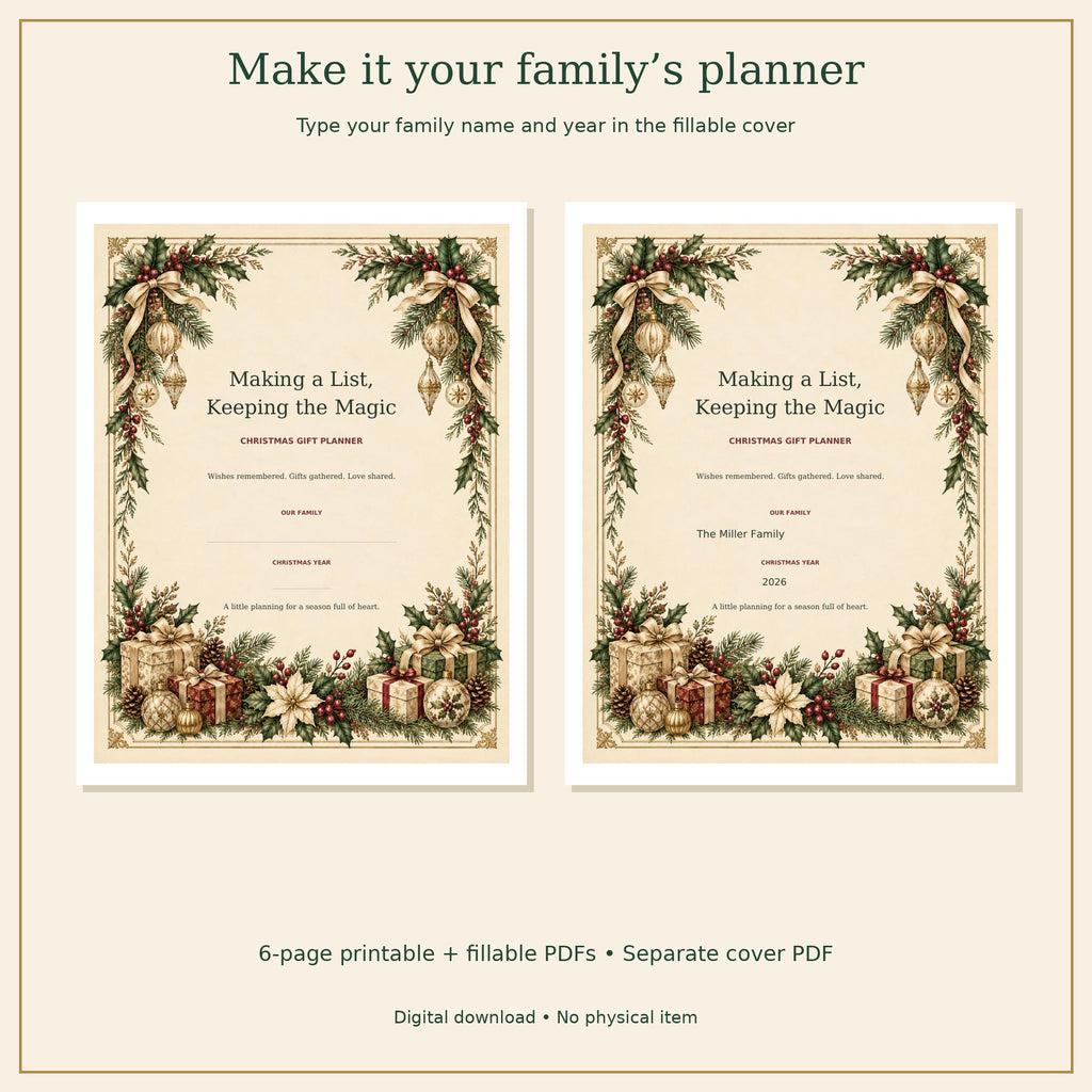 Christmas Gift Planner covers shown blank and personalized for the Miller Family, 2026, with festive greenery and gifts.