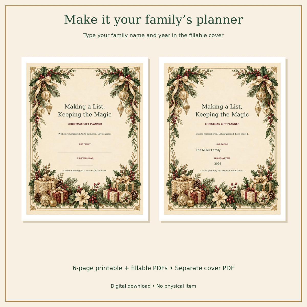 Christmas Gift Planner covers shown blank and personalized for the Miller Family, 2026, with festive greenery and gifts.