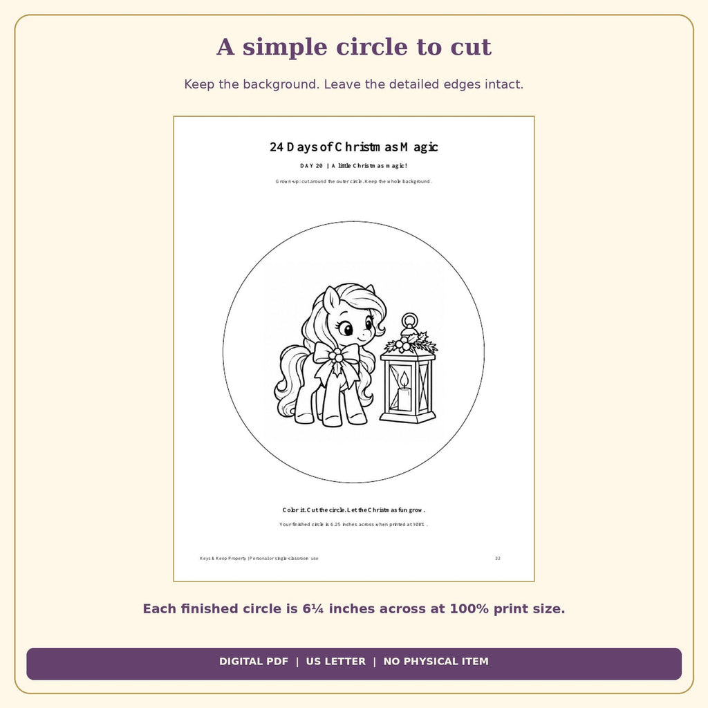Unicorn Christmas Countdown Printable | 24 Color and Hang Scenes, Easy Cut Circles | 26-Page PDF