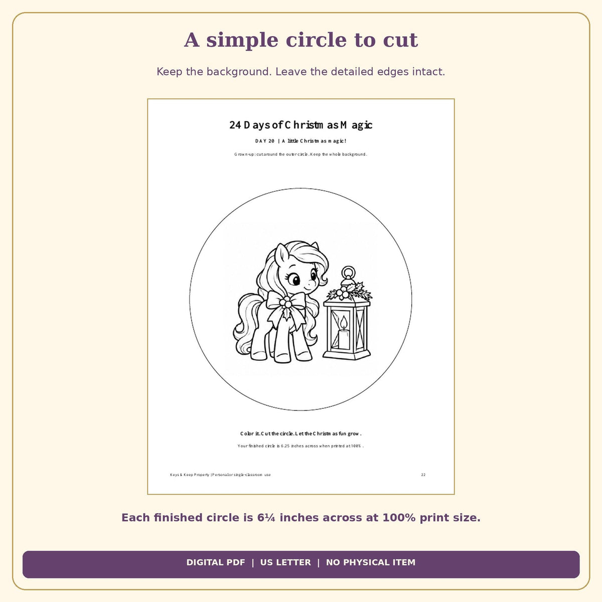 Unicorn Christmas Countdown Printable | 24 Color and Hang Scenes, Easy Cut Circles | 26-Page PDF
