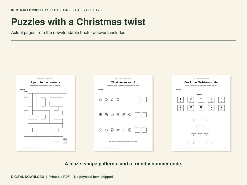 Christmas puzzle previews featuring a present maze, shape patterns, and a number-code activity.
