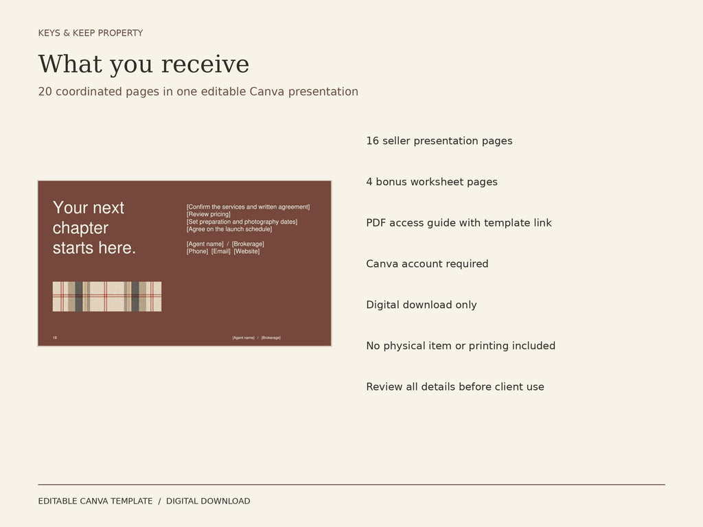 Warm plaid presentation contents graphic beside a rust-colored closing slide reading Your next chapter starts here.
