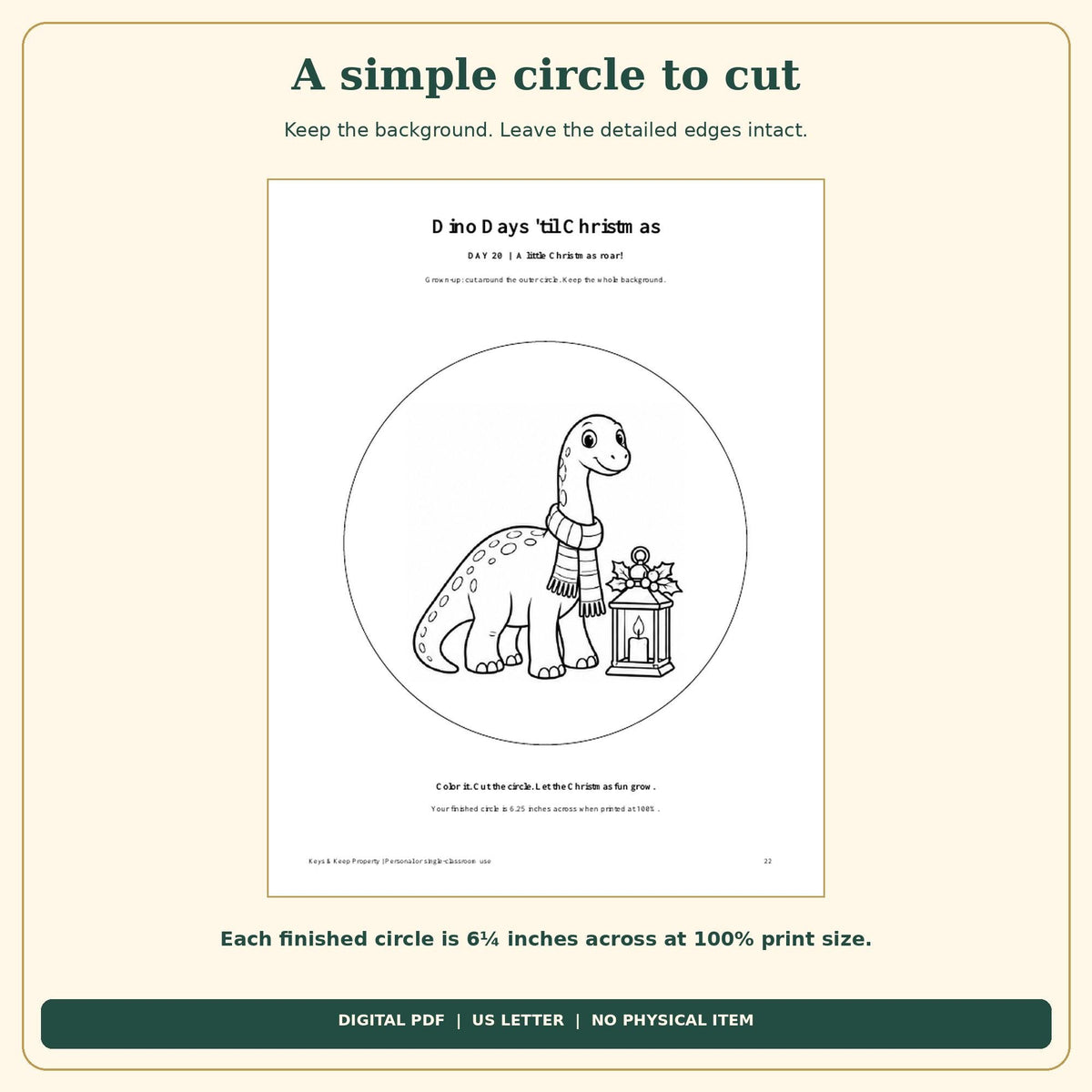 Dinosaur Christmas Countdown Printable | 24 Color and Hang Scenes, Easy Cut Circles | 26-Page PDF