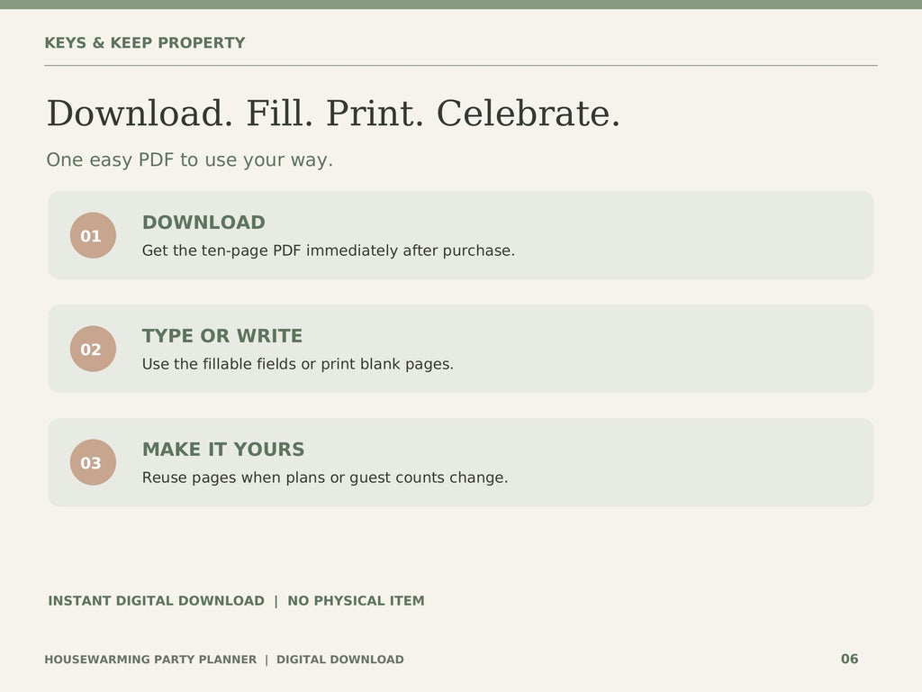 Housewarming Party Planner | Guest List, Budget, Menu and Prep Checklist | 10-Page Printable + Fillable PDF