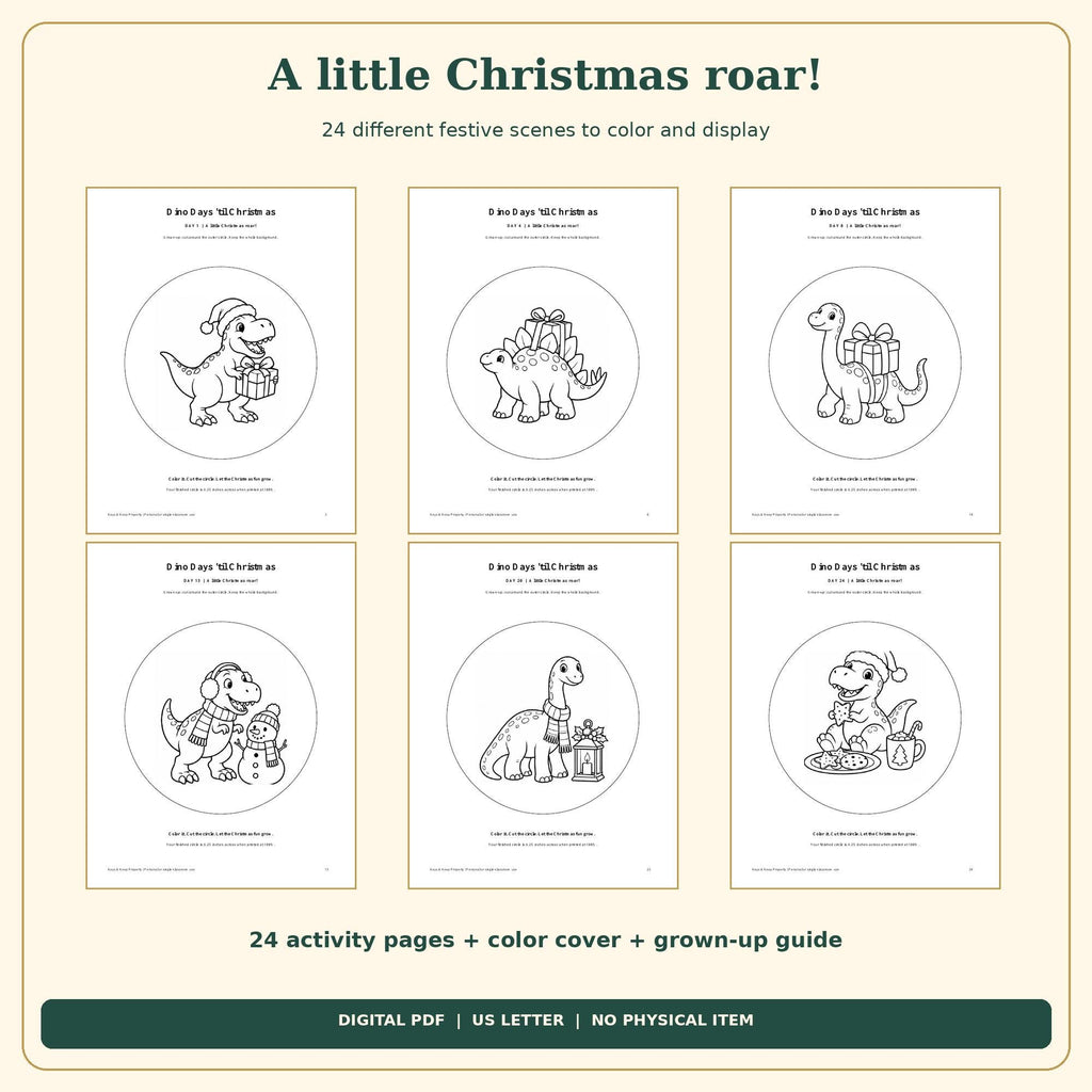 Dinosaur Christmas Countdown Printable | 24 Color and Hang Scenes, Easy Cut Circles | 26-Page PDF