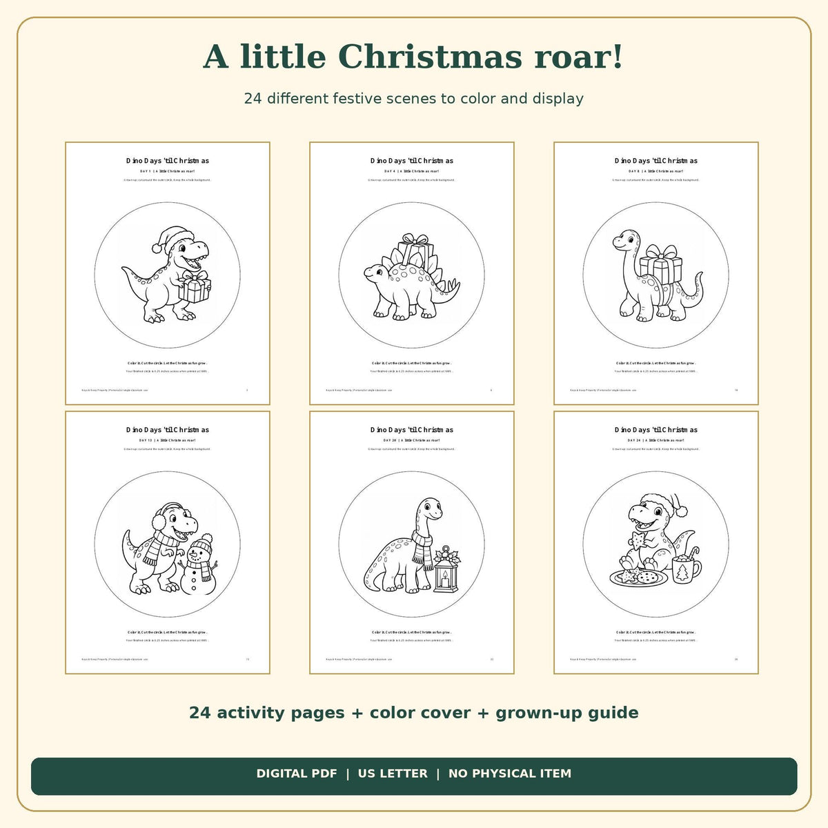 Dinosaur Christmas Countdown Printable | 24 Color and Hang Scenes, Easy Cut Circles | 26-Page PDF