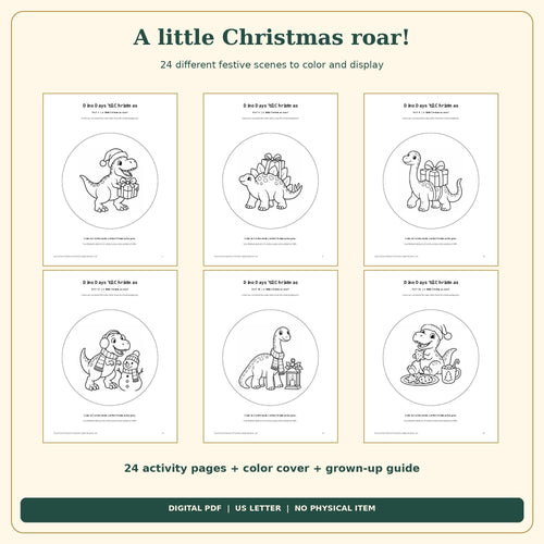 Dinosaur Christmas Countdown Printable | 24 Color and Hang Scenes, Easy Cut Circles | 26-Page PDF