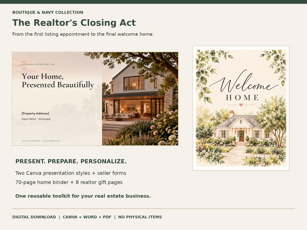 Boutique real estate presentation cover and floral Welcome Home cover with a summary of bundle contents.