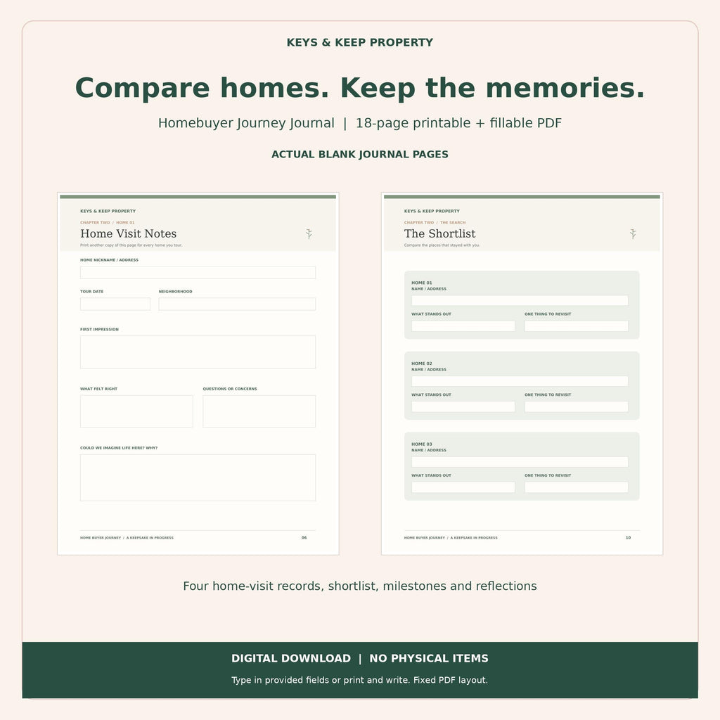 Homebuyer Journey Journal previews showing Home Visit Notes beside a three-property shortlist worksheet.