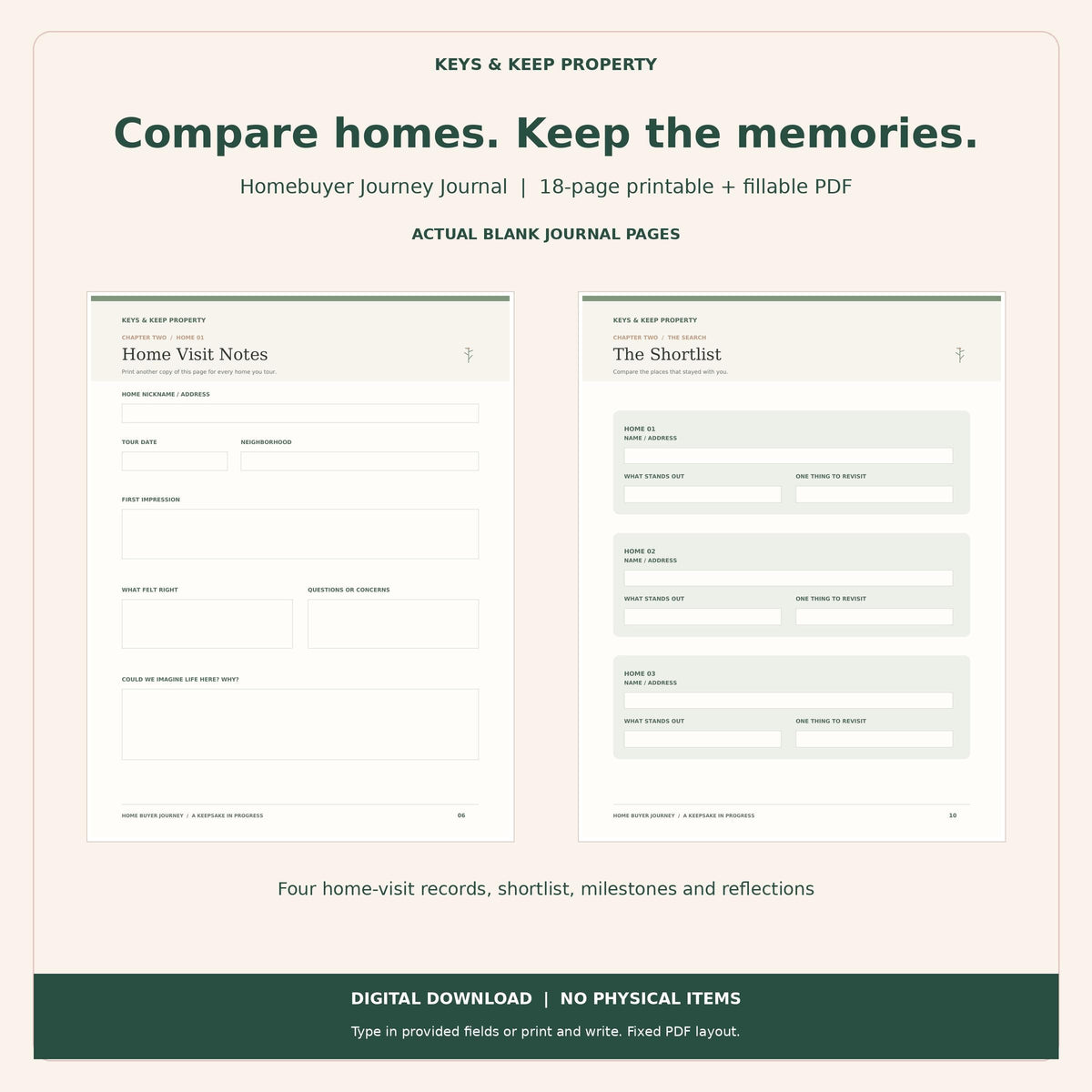 Homebuyer Journey Journal previews showing Home Visit Notes beside a three-property shortlist worksheet.