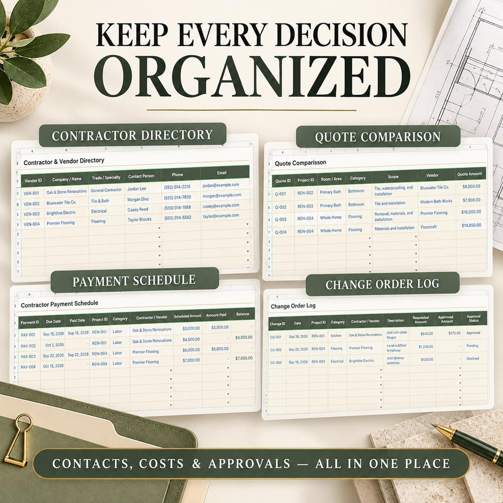 Home Renovation Budget Tracker | Excel & Google Sheets | Project, Contractor and Quote Spreadsheet