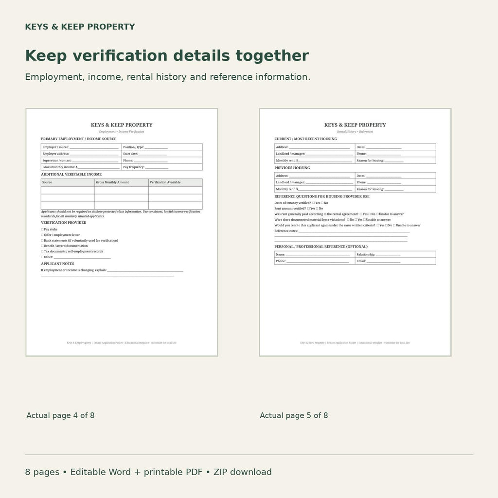 Employment and income verification page beside rental history and references form.