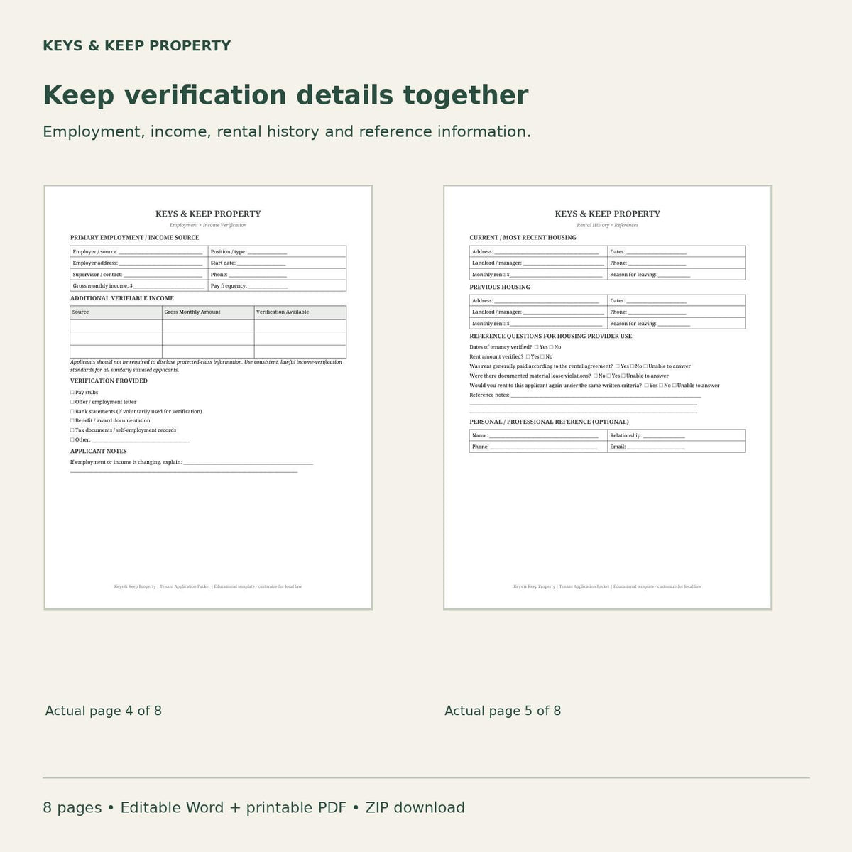 Employment and income verification page beside rental history and references form.