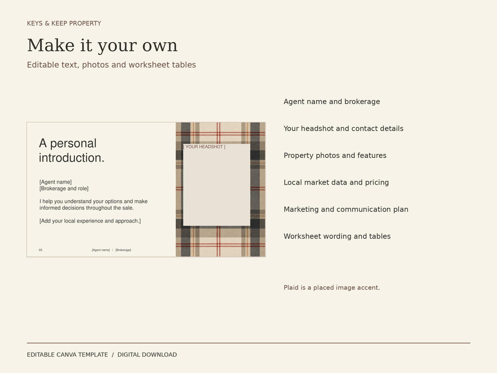 Warm plaid agent introduction slide with a headshot placeholder beside a list of editable presentation details.