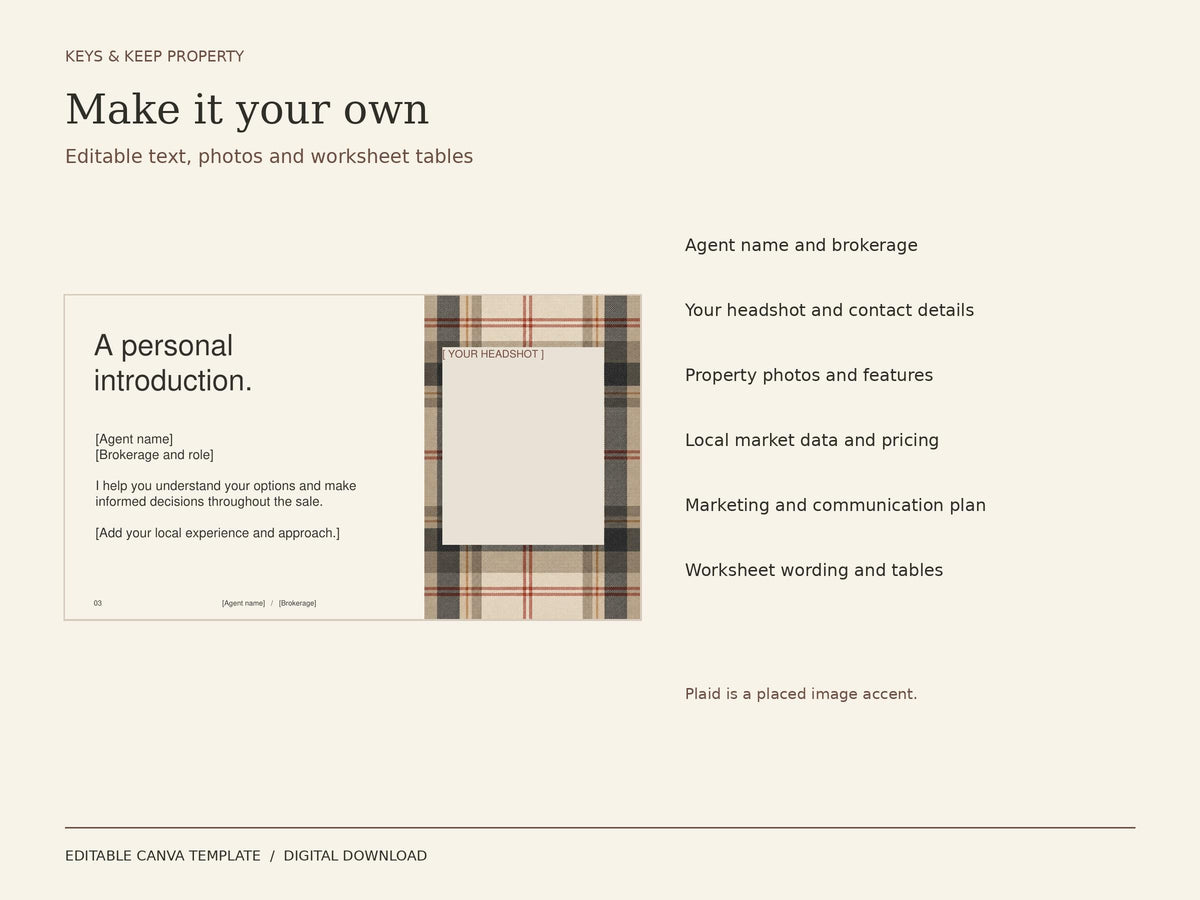 Real Estate Listing Presentation Canva Template | Warm Plaid Seller Consultation + 4 Worksheets