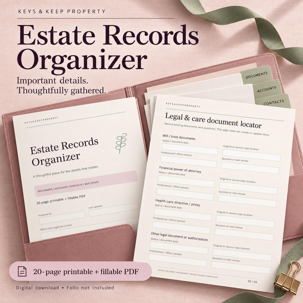 Estate Planning Records Organizer | 20-Page Fillable PDF Binder, Important Documents, Accounts & Family Contacts
