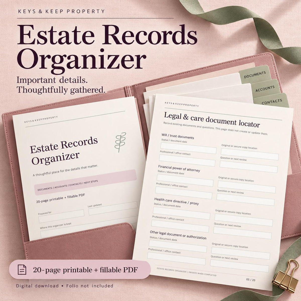 Estate Planning Records Organizer | 20-Page Fillable PDF Binder, Important Documents, Accounts & Family Contacts