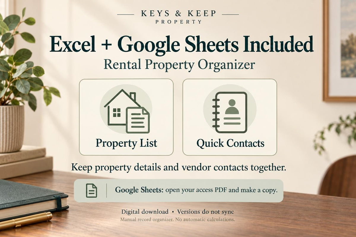 Rental Property Organizer | Excel + Google Sheets Property List and Vendor Contact Spreadsheet