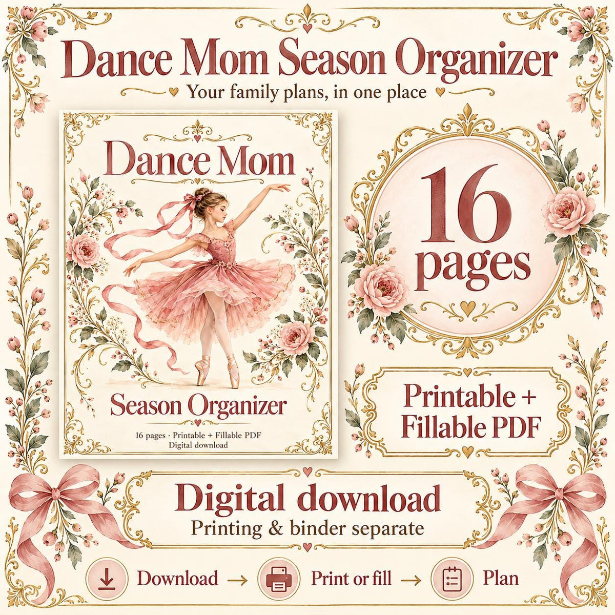 Dance Mom Planner | Competition and Season Organizer, Costumes, Carpool and Food | 16-Page Printable + Fillable PDF