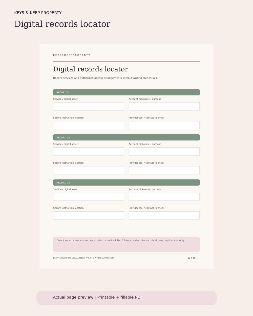 Estate Planning Records Organizer | 20-Page Fillable PDF Binder, Important Documents, Accounts & Family Contacts