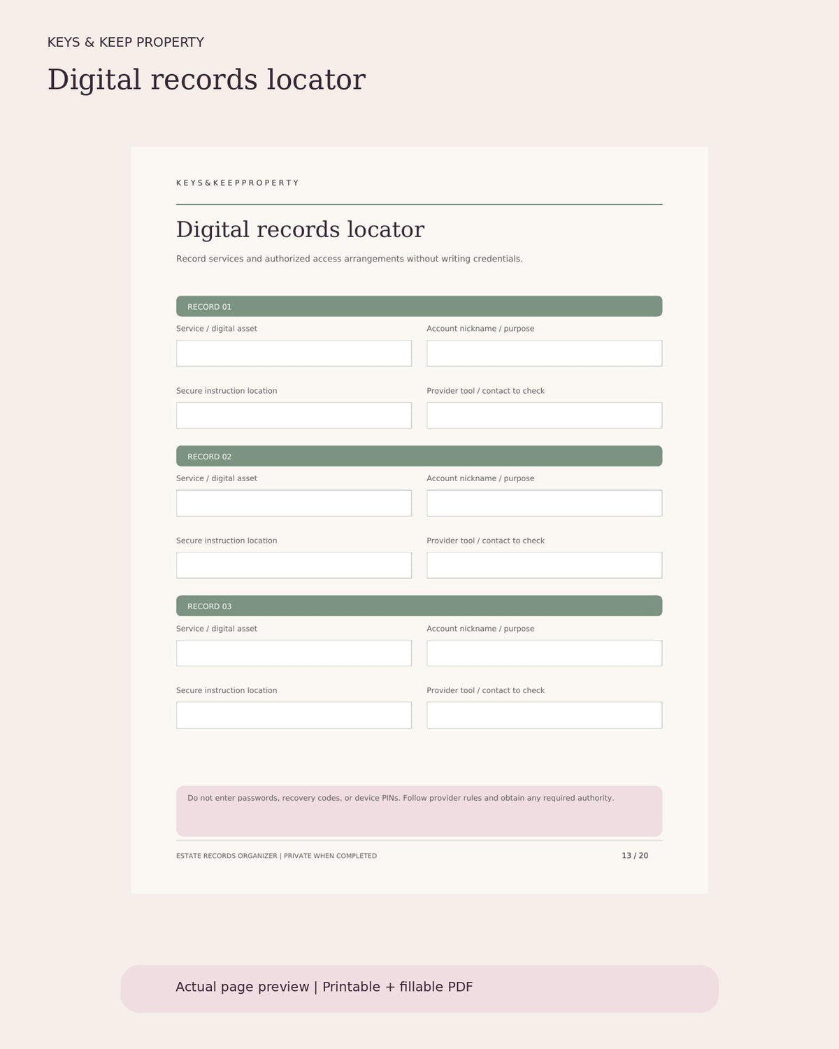 Estate Planning Records Organizer | 20-Page Fillable PDF Binder, Important Documents, Accounts & Family Contacts