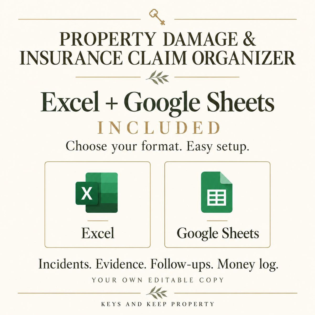 Property Damage & Insurance Claim Organizer | Excel and Google Sheets Tracker + Fillable PDF