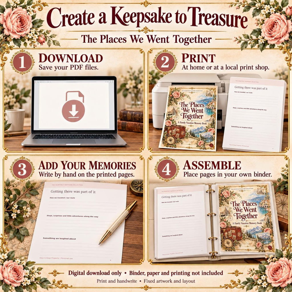 Four-panel vacation memory book guide showing downloading, printing, handwritten memories, and binder assembly.