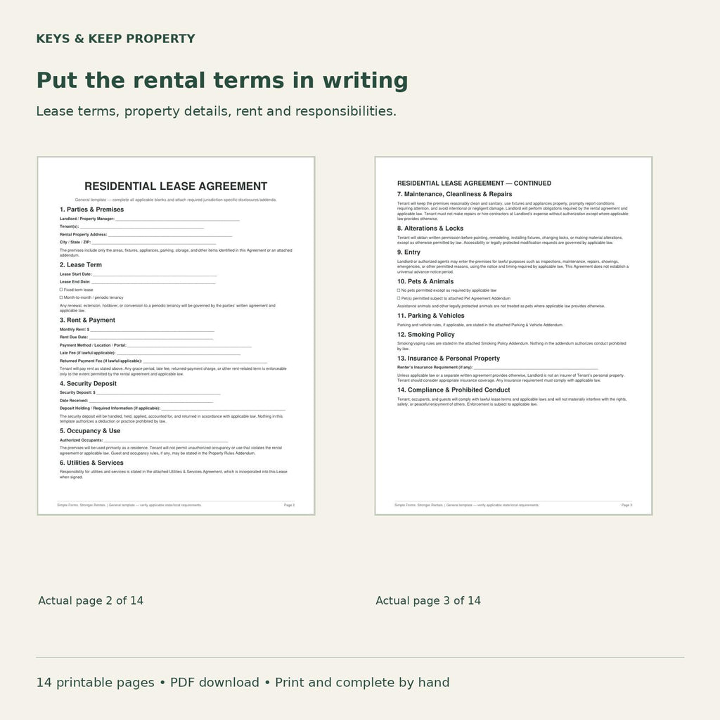 Two residential lease pages showing party, term, rent, deposit, maintenance, entry, pet, parking, and insurance sections.