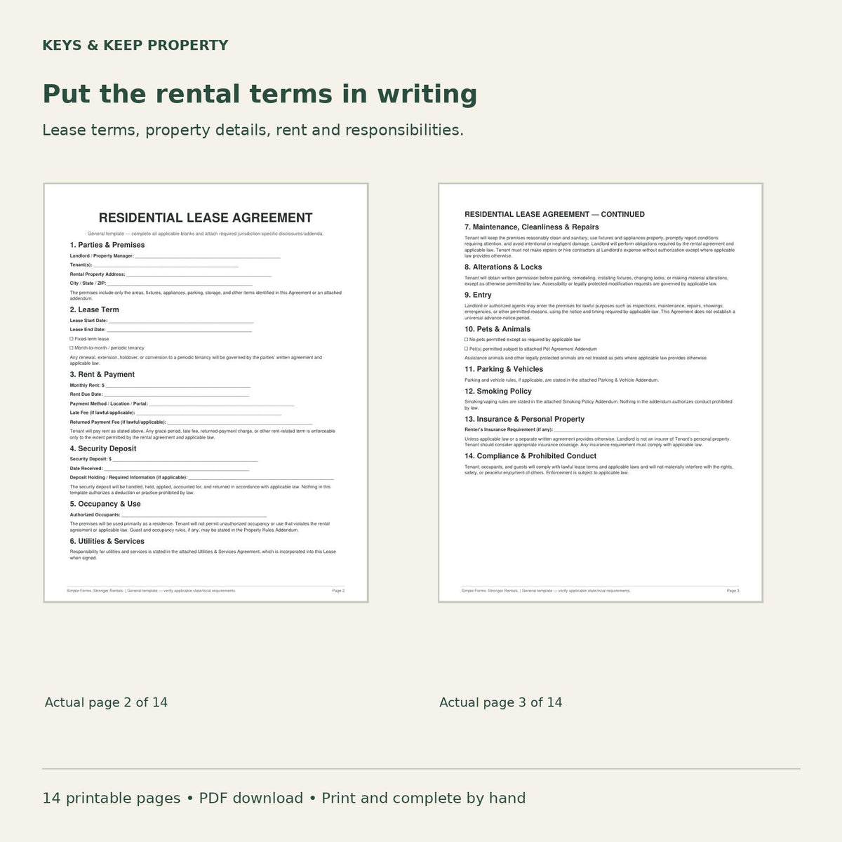 Residential Lease Packet | 14-Page Printable PDF, Pet Addendum & Move-In Forms
