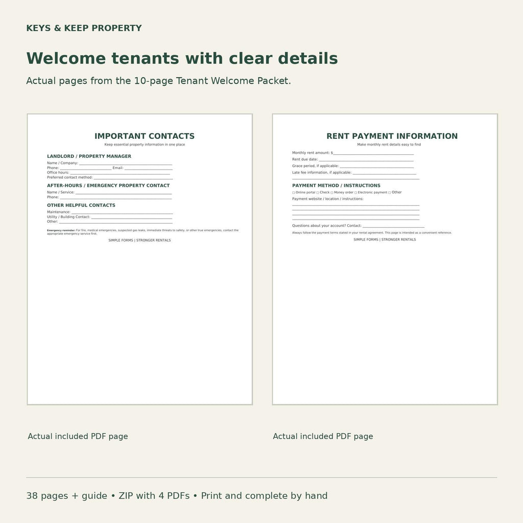 Important Contacts form beside Rent Payment Information page beneath Welcome tenants with clear details.
