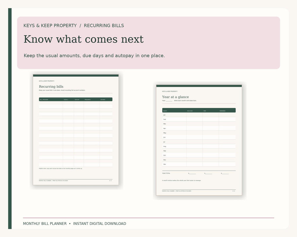 Recurring Bills and Year at a Glance printable previews beneath Know what comes next.