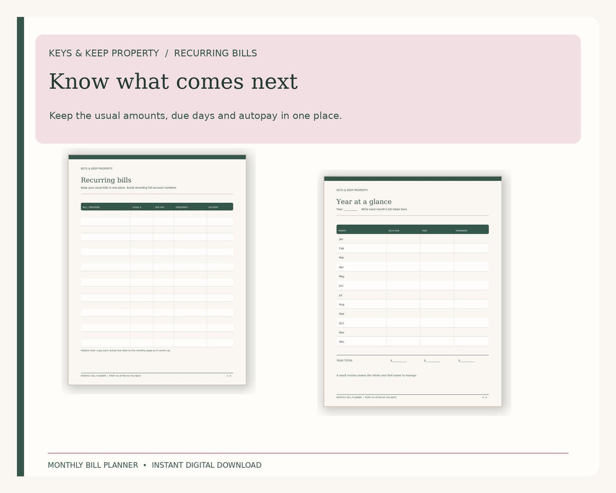 Recurring Bills and Year at a Glance printable previews beneath Know what comes next.