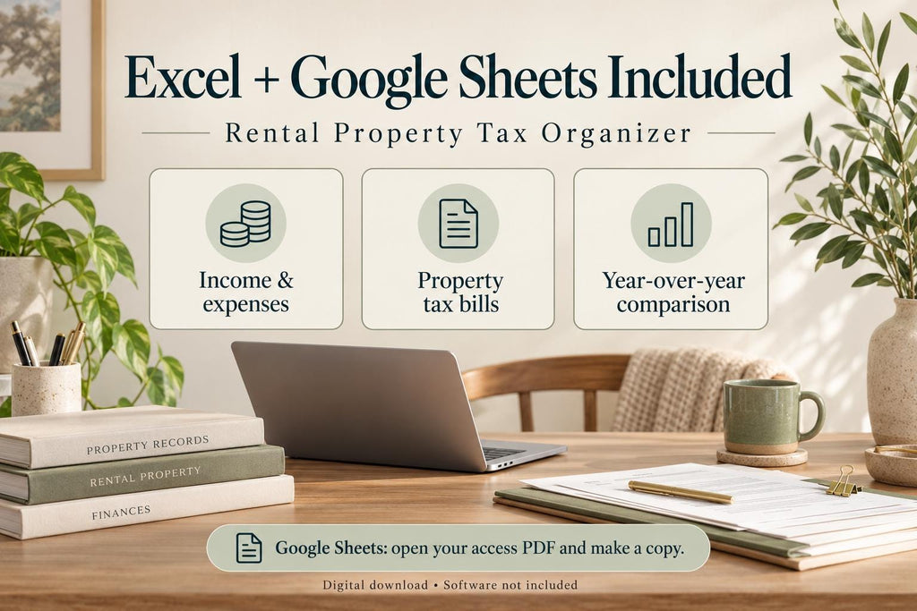 Rental Property Tax Organizer | Excel + Google Sheets Tracker for Expenses, Escrow & Tax Bill Increases