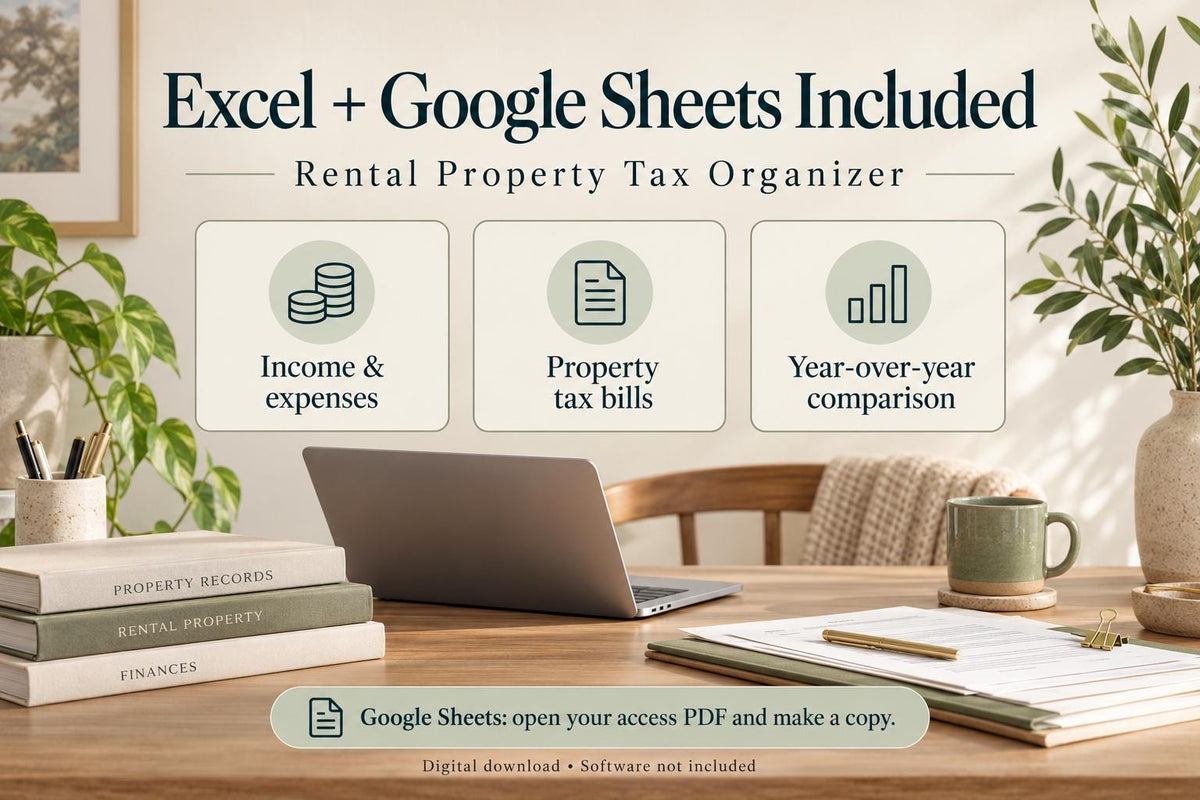 Rental Property Tax Organizer | Excel + Google Sheets Tracker for Expenses, Escrow & Tax Bill Increases