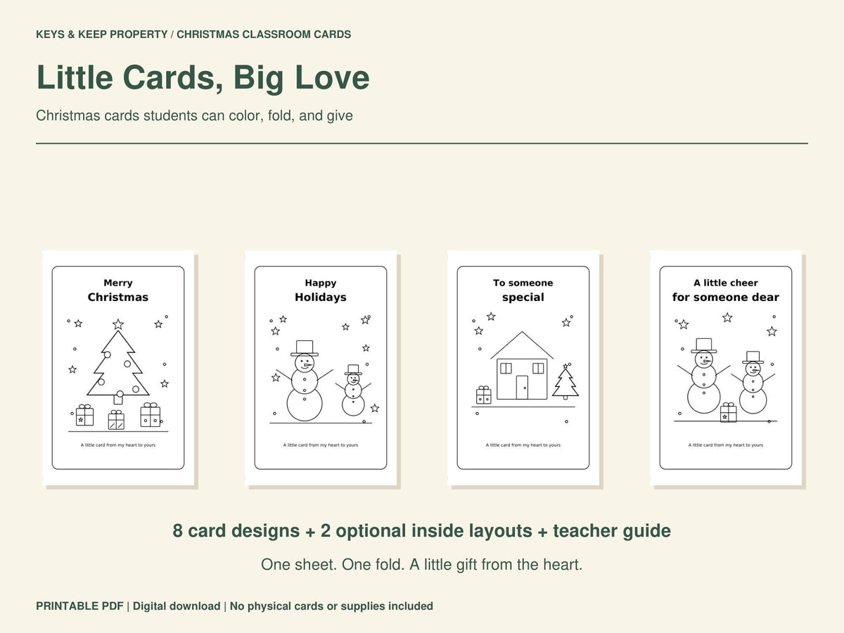 Christmas Cards for Kids to Color | Classroom Cards for Parents & Family | 8 Designs + Inside Pages | Printable PDF